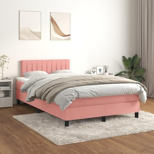 KOIECETA Boxspringbett mit Matratze Polsterbett Bett Hotelbett Einzelbett Bettrahmen Bettgestell Lattenrost Schlafzimmerbett Rosa 120x200 cm Samt