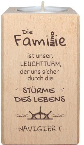 Die Familie ist unser Leuchtturm - Teelichthalter mit Spruch aus Holz, Dekoration und symbolisches Geschenk für Eltern, Kinder, Verwandte und Freunde - Geschenkissimo Geschenkidee