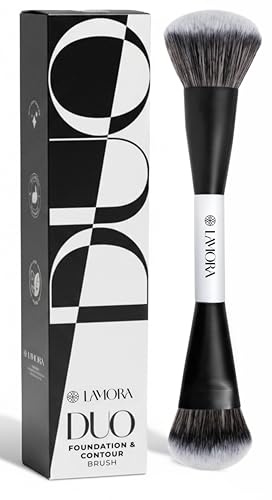 Lamora Bronzer Liquide + Contouring Fond de Teint Pinceau Maquillage Double | Pinceau Duo Kabuki Visage pour Crème ou Liquide Blush Highlighter Concealer - Vegan, Sans Cruauté & Poils Synthétiques