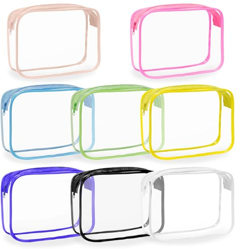 Woakpe Lot de 8 trousses de maquillage transparentes, trousse de toilette de voyage, sac de rangement étanche en PVC transparent avec fermeture éclair, Blanc/noir/rose/bleu ciel/Yeoolw/bleu foncé/vert