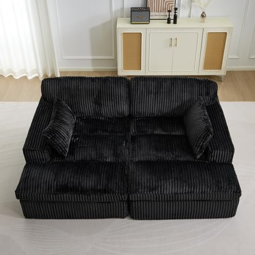 EMKK Cord Sofa 214x145x57 cm, 2 Sitzer Sofa mit Schlaffunktion, Loveseat Sofa mit Armlehnen, Komfort Boneless Couch, Keine Montage Erforderlich, für Wohnzimmer, Schlafzimmer (Schwarz)