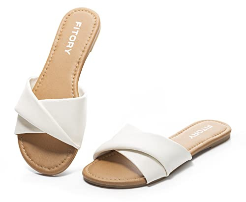 FITORY Women's Sandals Flat Slip On Leather Summer Slide Size 4-9 UK | Ladies Comfy Casual Soft Shoes with Open Toe and Strap, Dressy Cute for Office, Beach, Holiday, Party