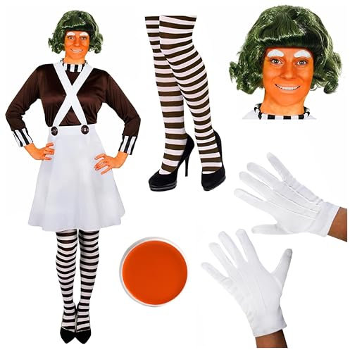Ladies Chocolate Factory Worker Costume - Large - Brown Top, White Skirt, Green Wig, Striped Tights, Gloves, Eyebrows, Facepaint - Adults World Book Day Book Week Fancy Dress Costume