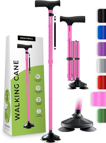 HONEYBULL Selbststehender Gehstock für jedes Gelände – Faltbar, höhenverstellbar, mit ergonomischem Griff & Rutschfester Drehspitze – für Senioren & Erwachsene, Männer & Frauen (Rosa)