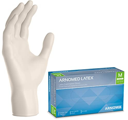 ARNOMED 100x Einweghandschuhe M, Latexhandschuhe Weiß (1x100 Stück), Einweghandschuhe puderfrei, Handschuhe Latex Einweg, Putzhandschuhe, Latex Handschuhe, Einmal-/Einweg-Handschuhe XS, S, M, L & XL