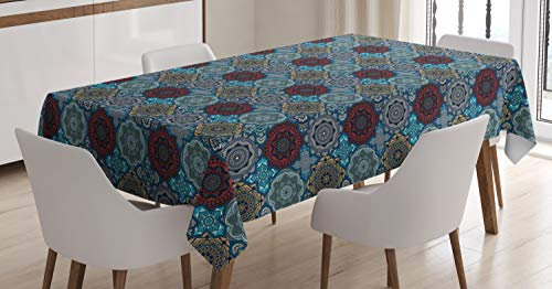 ABAKUHAUS marokkanisch Tischdecke, Retro Ottoman, Pflegeleicht Waschbar Schmutzabweisend und mit Klaren Farben Hochwertiger Druck, 140 x 170 cm, Sandbraun Blau Rubin