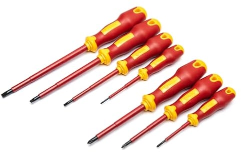 SATA ST09303 Juego de Destornilladores para Electricistas con Aislamiento VDE con Mangos Rojos y Amarillos y Hojas de Acero de Aleación Probadas a 10.000 Voltios, 7 Piezas