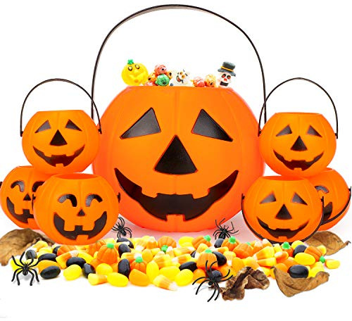 Qpout 7pcs Halloween Portable Pumpkin Buckets, 1 Large Trick or Treat Pumpkin Candy Pail 6 Small Jack-O-Lantern Buckets Plastic Pumpkin Candy Holder for Kids Treat Bags Halloween Party Favors