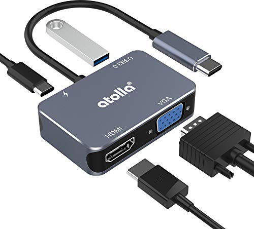 Atolla Hub USB C, Adaptateur USB C vers HDMI UHD avec Port HDMI 4K @ 30Hz + VGA 1080P + Port USB 3.0 + PD 60W pour MacBook air/MacBook Pro 2019/2018 et USB Type C périphériques…
