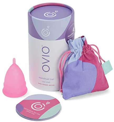 OVIO Menstrual Cup - Reusable Soft and Flexible 100% Medical Grade Silicone Cup with Travel Pouch - Leak Free and Reliable with Size Replacement Guarantee (Small)
