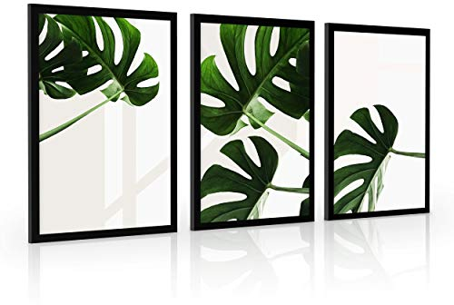 Estika Bilder set mit rahmen - Monstera Grün - Wählen größe (3x A2 oder 3x A3) und farbe des rahmens (4 Farben) - Moderne deko poster set, Wandbild wohnzimmer oder schlafzimmer