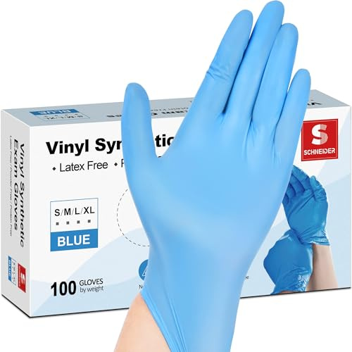 Schneider Blue Vinyl Synthetic Exam Gloves, Large, Box of 100, 4 Mil, Powder-Free, Latex-Free, Non-Sterile, Disposable Gloves