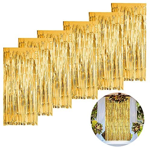 Yaclonq 6 Stück Lametta Vorhänge, Goldfolie Glitzer Folie Fransen Lametta Vorhang 1 x 2.5 m, Schimmer Metallic Tinsel für Hintergrund Dekoration,Partydekor Geburtstags,Faschingsdeko,Gold