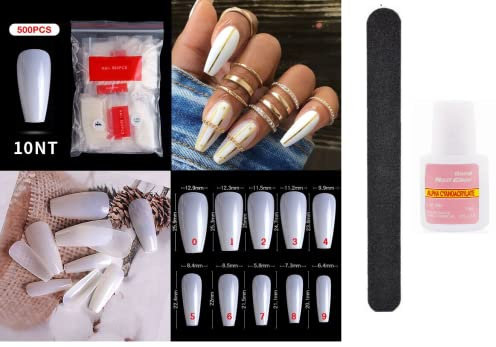 500 x False Artificial French Nail Kit Coffin, Ballerina Pointy Nail Art Acrylic Tips + Glue 10g + Nail File Nail extension Kit White Clear Natural fake nails with glue (KIT #10 NATURAL TIPS)