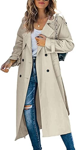 Frauen Trenchcoat Casual Einfarbig Langarm Zweireiher Jacke mit Taschen für Streetwear Oberbekleidung