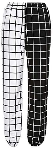 Runstarshow Damen Hose High Waist Kariert Freizeithose Lang Sweathose mit Elastischen Bund Plaid Jogger Pants Schwarz Weiß
