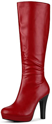 Allegra K - Stivali da donna con tacco grosso, punta rotonda, plateau, alti fino al ginocchio, Rosso, 40 EU