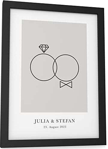 Papierschmiede® Personalisiertes Bild mit Namen und Datum | DIN A5 (15x21 cm) Bilderrahmen wählbar, Poster Geschenke fertig gerahmt, Namen, Hochzeitsgeschenke für Brautpaar „Wedding Diamond Bow“