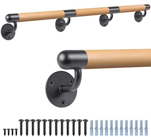 Dolibest 250cm Main Courante en Bois, Rampe d'escalier Bois en Hêtre Ronde 3.8cm Poignée de Sécurité Barre d'escalier avec Support Intérieur Murale Balustrade pour Enfant/Handicapée/Personnes âgées