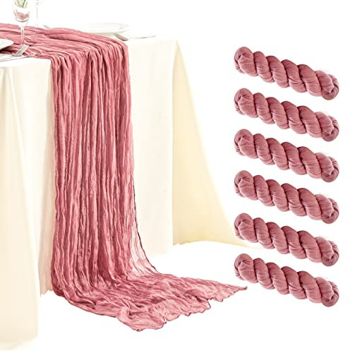 SRIZIAN 6 Stück Staubiges Rouge Käsetuch-Tischläufer, 3 m breit, Gaze-Tischläufer, Boho-Tischläufer für Brautparty, Hochzeit, Geburtstag, Party, Tischdekoration