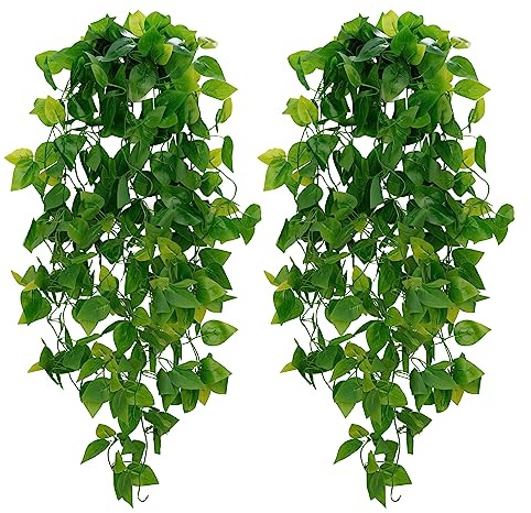 BLEUM CADE Fake Hanging Plants, 2pcs Artificial Pothos Vines Faux Plants Greenery for Wall Home Living Room Office Indoor Outdoor Decor (No Baskets)