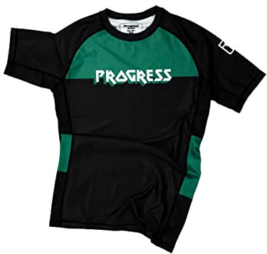 Progress BJJ Adults Jiu Jitsu Bengal Hybrid No Gi Short Sleeve Rash Guard - Black/Green (Small)