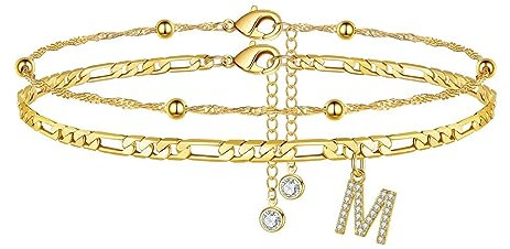 TINGN Fussketten für frauen, Gold Fußkettchen für Damen Fußkette mit CZ Buchstaben M Doppelte fußkettchen Verstellbar Sommer Stand Süß Geschenk für Frauen Mädchen Tochter