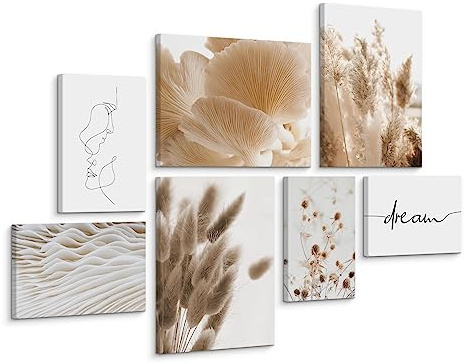 Muralo Wandbilder 7er-Set, Boho, Beige - 3x 30x40 + 4x 20x30 cm | Leinwandbild, Modernes Design, Aufhängefertig, UV-beständig - ideal für Wohnzimmer, Ein echter Hingucker in jedem Zuhause