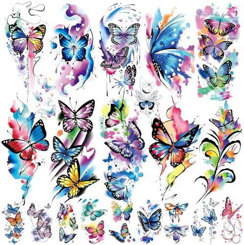 Acevegue 79 Blätter Aquarell Schmetterling Temporäre Tattoos Set, 15 Große und 64 Klein Bunt Fake Tattoos Aufkleber für Frauen Damen Mädchen, 3D Realistische Sexy Tattoo zum Aufkleben Halloween Deko