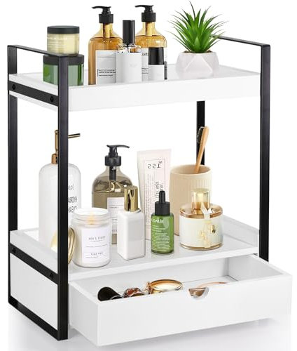 2-Tier Bathroom Organizer Countertop With Drawer, Wood Counter Shelf for Storage, Vanity Tray for Organization and Decor, Countertop Organizer for Kitchen, Office (White)