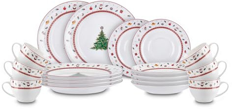 Peill+Putzler Germany Weihnachtsgeschirr,Kaffeeservice mit Weihnachtsmuster, 18-teiliges Geschirrset für Weihnachten, Bon China Porzellan in weiß für 6 Personen, mit Goldrand daher nur Handwäsche