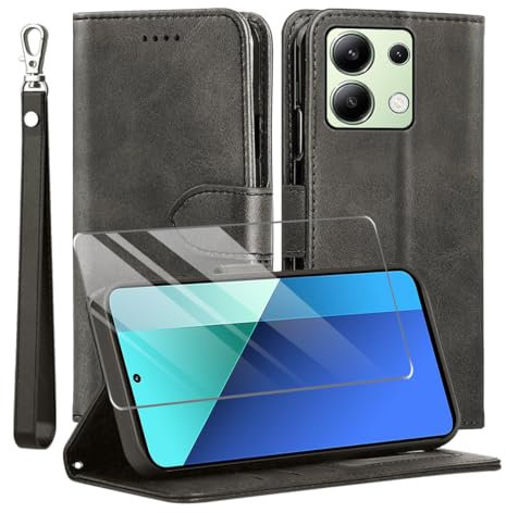 MQERYBV for Xiaomi Redmi Note 13 4G Case and 1 Tempered Glass Screen Protector, Leather Wallet Phone Case with Card Slots Magnetic Closure Kickstand Protective Cover for Xiaomi Redmi Note 13 - Black