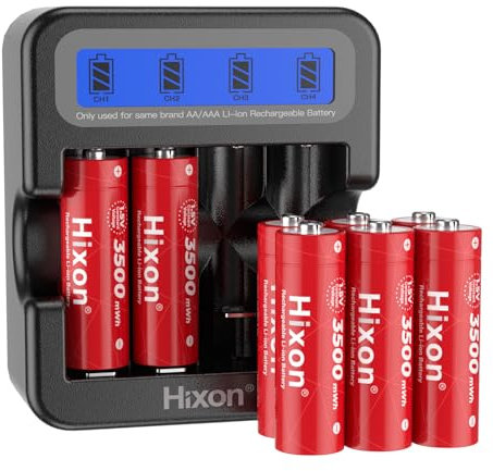 Hixon Lot de 8 piles AA rechargeables au lithium 1,5 V 3500 mWh avec chargeur LCD rapide 2H, batterie Li-ion AA longue durée (8 AA avec chargeur)