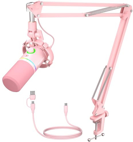 MAONO XLR/USB Dynamic Microphone Kit, RGB Gaming Mic with Software, Mute, Gain Knob, Volume Control, Boom Arm for Streaming, Podcasting, Voice-Over, Recording-PD200XS Pink
