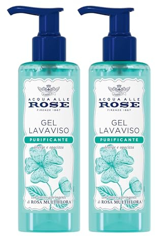 2x Acqua Alle Rose, Gel Lavaviso Purificante, Deterge e Opacizza, Con Attivi Astringenti Di Rosa Multiflora, Per Pelle Mista e Grassa 200ml