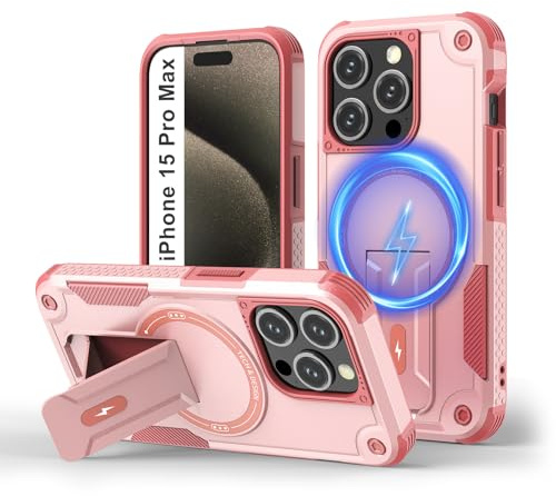 Tuvror for iPhone 15 Pro Max Case with Stand, Magnetic Phone Case, Pink | Compatible with MagSafe, Built-in Kickstand, Rugged Protection Heavy Duty Shockproof Magnet Case for iPhone 15 Pro Max