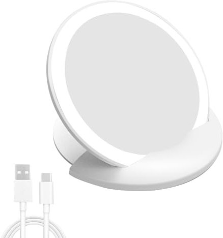 CGBE Compact LED Travel Mirror, 4 inch Portable Makeup Mirror with 16 LED Beads, Typc-C Rechargeable - White
