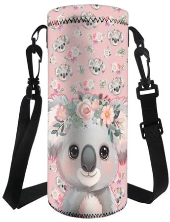COEQINE Koala Water Bottle Carrier Bag Cute Animal Insulated Water Bottle Bag 1.5Lt Pink Floral Water Bottle Case With Shoulder Strap
