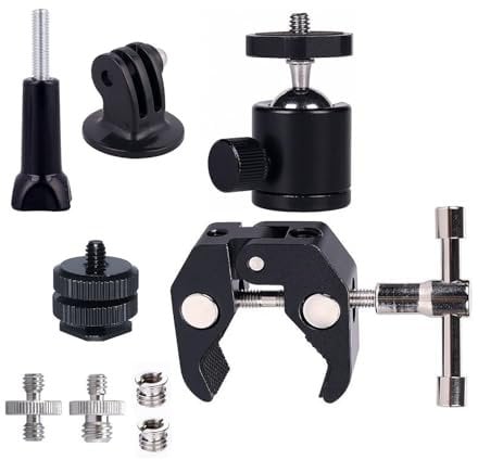 JZK 360° Rotation, camera tripod super clamp with ball head, ball joint camera mount tripod stand clamp bracket with 1/4 3/8 screw thread, for GoPro, microphone, LED video light