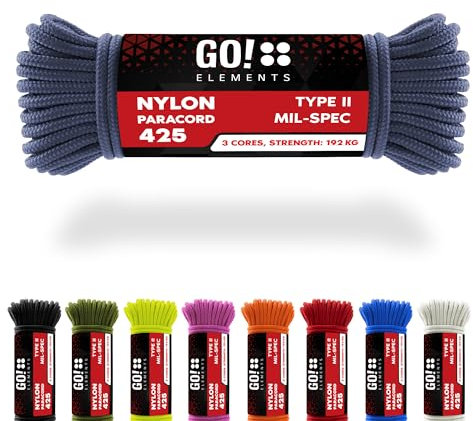 GO!elements 15m Paracord Seil aus reißfestem Nylon - 3mm Paracord 425 Typ II max. 192kg - Schnüre als Outdoor Seil, Allzweckseil, Survival Seil, Armband, Hundeleine, Nylonschnur, Farbe: Grau-Blau