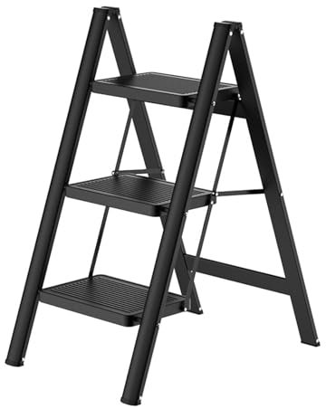 3-Step Folding Ladder with Anti-Slip Wide Steps - Lightweight, Portable Indoor Steel Stepladder for Home