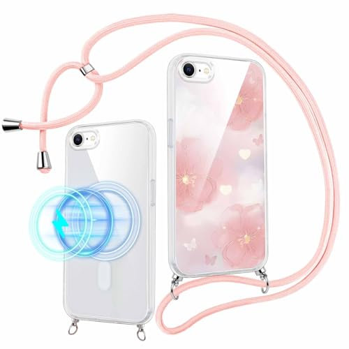Pnakqil Funda Magnética con Cuerda para iPhone 8/7/SE 2020 2022 Compatible con MagSafe, Carcasa Transparente Flor Aesthetic Motivo Cordon Caso, Silicona Correa de Cuello Antigolpes Protector Case