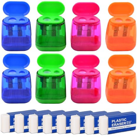 TSHAOUN 8 x Bleistiftspitzer, manuell, bunt, Doppellochspitzer mit Deckel und 8 weiße Kunststoff-Radiergummis, Spitzer mit Deckel für Kinder, Erwachsene, Studenten, Schule, Klasse, Zuhause, Büro