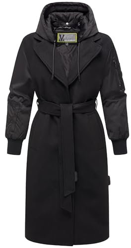 MARIKOO Damen warmer langer Übergangsmantel in angesagtem Materialmix mit abnehmbarer Kapuze und Binde-Gürtel Tjadee 16 Black Gr. L