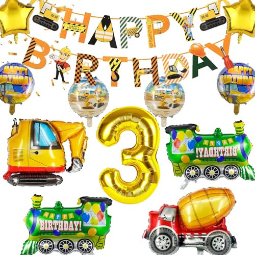 Hierein Bagger Geburtstag Deko 3 Jahre, XXL Baustelle Luftballons Kindergeburtstag Deko, 12 Stück Folienballon Geburtstagsdeko Junge für 3 Jahre Jungen Kinder, Bagger Ballons Geburtstag Party Deko