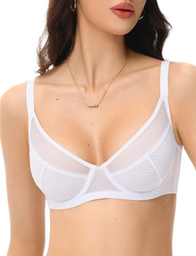 Plusfreeee Sexy Bras Bra for Women Balconette Unlined Mesh Sheer Bralette Underwire Support Seamless Non Padded, White, 44D