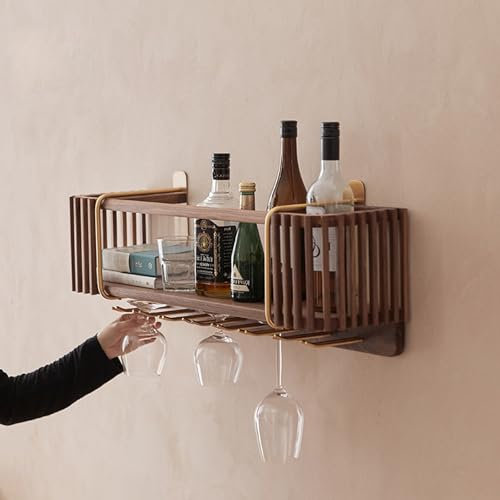Portabottiglie Mini mensola da parete con portabicchieri in metallo rovesciato, portabottiglie in legno da parete, semplice mensola in legno massello multifunzionale, portabottiglie in legno con