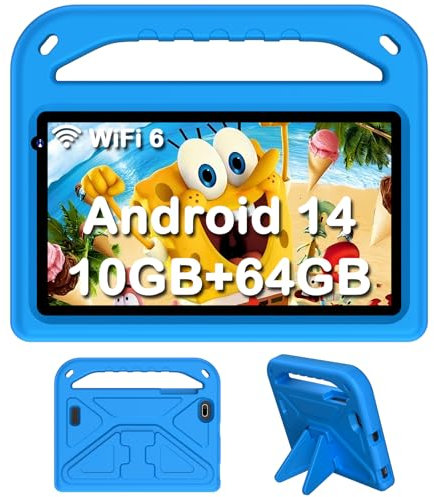 DMOAO Tablet Bambini 7 Pollici, Tablet Android 14 con 5G Wi-Fi 6, 10GB RAM+64GB ROM(TF 1TB), Controllo Parentale, Widevine L1, Octa-Core, 3500mAh, BT 5.0,per Bambini con EVA Caso, Blu