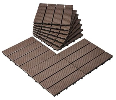 VEVOR Piastrelle per Terrazza ad Incastro in Legno Plastica, 10 Pezzi 300 x 300 x 20 mm 9,2 m², Impermeabili per Esterni Tutte Stagioni, per Portico, Bordo Piscina, Balcone, Cortile, Marrone Scuro