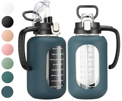 64 oz Glass Water Bottle with Straw and Handle Half Gallon Water Jug with Silicone Sleeve Large Water Bottle for Office, Gym, Outdoor Sports
